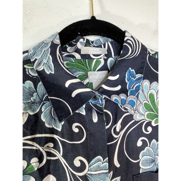 chicos No Iron 100% linen botanical Sketch art print button blouse s 4 0 top - Picture 4 of 8